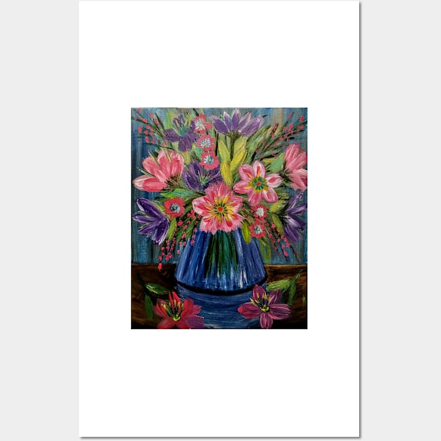 Beautiful floral paintings with abstract flowers in a blue vase Wall Art by kkartwork